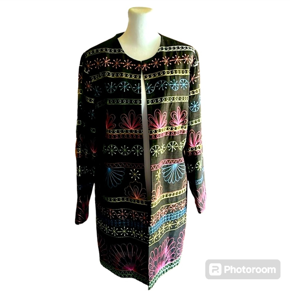 Silk Land Black Embroidered Long Open Front Duster Jacket Size L